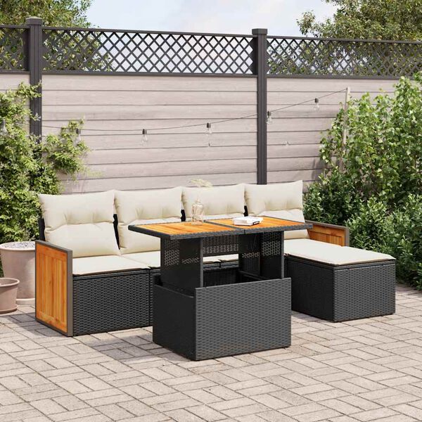 vidaXL Salon de jardin 6 pcs avec coussins noir r&eacute;sine tress&eacute;e acacia