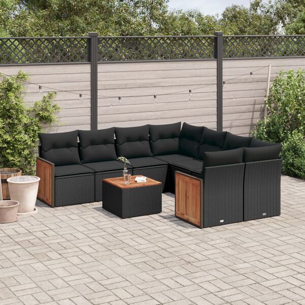 vidaXL Salon de jardin 9 pcs avec coussins noir r&eacute;sine tress&eacute;e