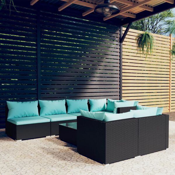 vidaXL Salon de jardin 8 pcs avec coussins noir r&eacute;sine tress&eacute;e