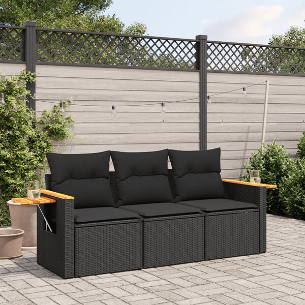 vidaXL Salon de jardin 3 pcs avec coussins noir r&eacute;sine tress&eacute;e
