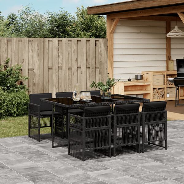 vidaXL Ensemble &agrave; manger de jardin coussins 7pcs Noir R&eacute;sine tress&eacute;e