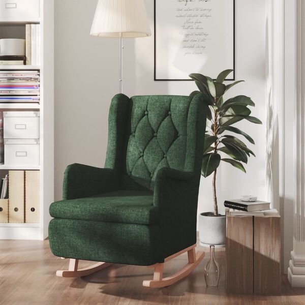 vidaXL Fauteuil avec pieds &agrave; bascule en bois d'h&eacute;v&eacute;a Vert fonc&eacute; Tissu