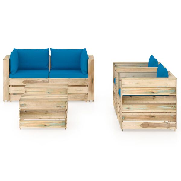 vidaXL Salon de jardin 6 pcs avec coussins Bois impr&eacute;gn&eacute; de vert