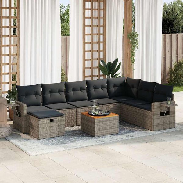 vidaXL Salon de jardin 9 pcs avec coussins gris r&eacute;sine tress&eacute;e