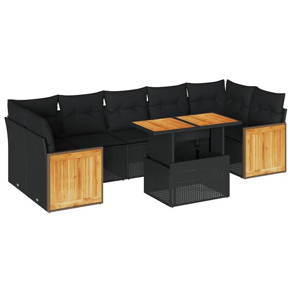 vidaXL Salon de jardin avec coussins 8 pcs noir r&eacute;sine tress&eacute;e acacia