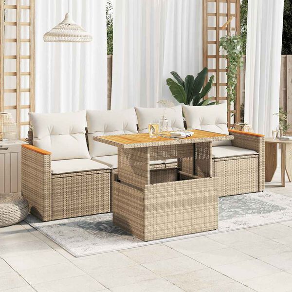 vidaXL Salon de jardin avec coussins 5 pcs beige r&eacute;sine tress&eacute;e acacia