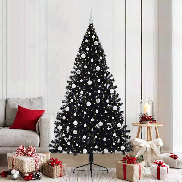 vidaXL Sapin de No&euml;l artificiel pr&eacute;-&eacute;clair&eacute; Noir 210 cm PVC