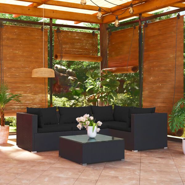 vidaXL Salon de jardin 5 pcs avec coussins Résine tressée Noir