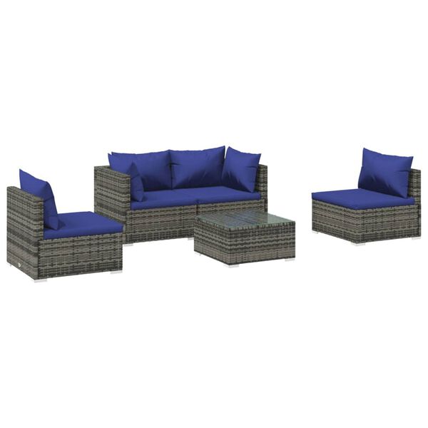 vidaXL Salon de jardin 5 pcs avec coussins résine tressée gris