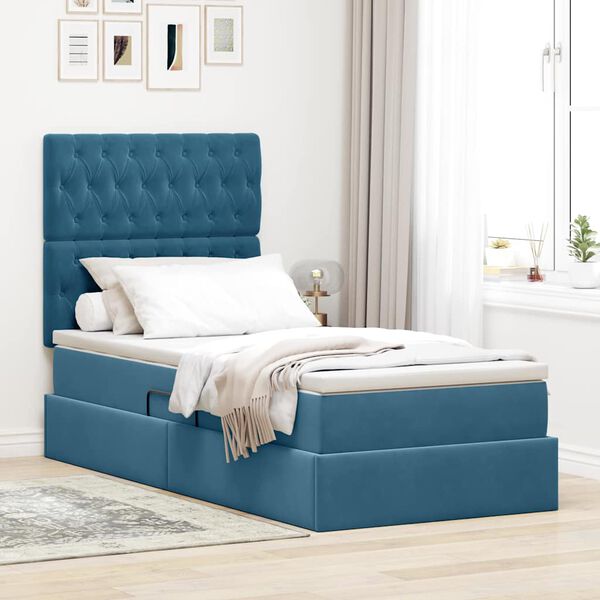 vidaXL Lit avec rangement et matelas Bleu fonc&eacute; 90 x 190 cm Velours