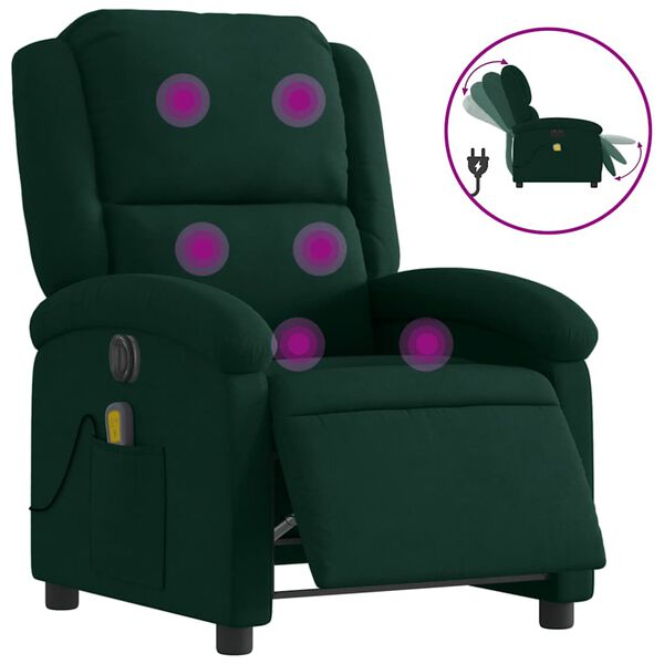 vidaXL Fauteuil inclinable de massage &eacute;lectrique vert fonc&eacute; velours