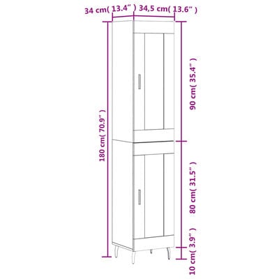 vidaXL Buffet haut Sonoma gris 34,5x34x180 cm Bois d'ingénierie