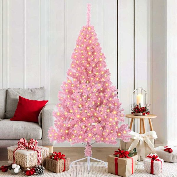 vidaXL Sapin de No&euml;l artificiel pr&eacute;-&eacute;clair&eacute; Rose 180 cm PVC