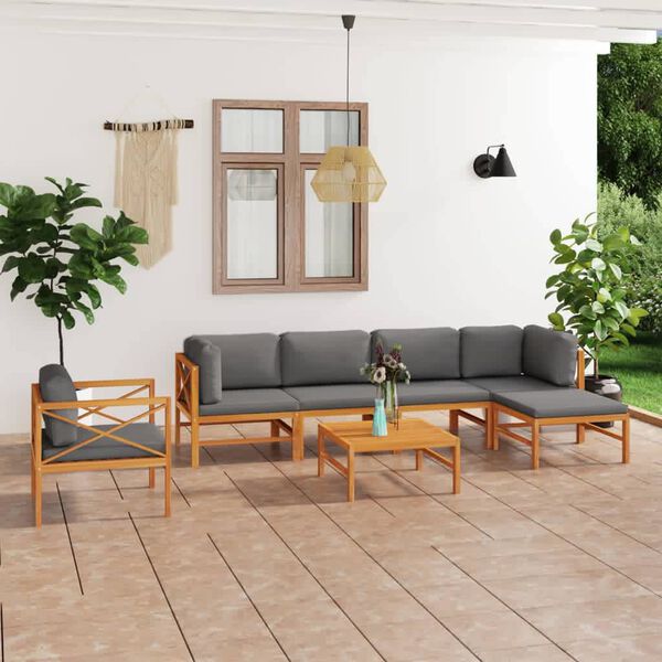 vidaXL Salon de jardin 7 pcs avec coussins gris bois de teck solide