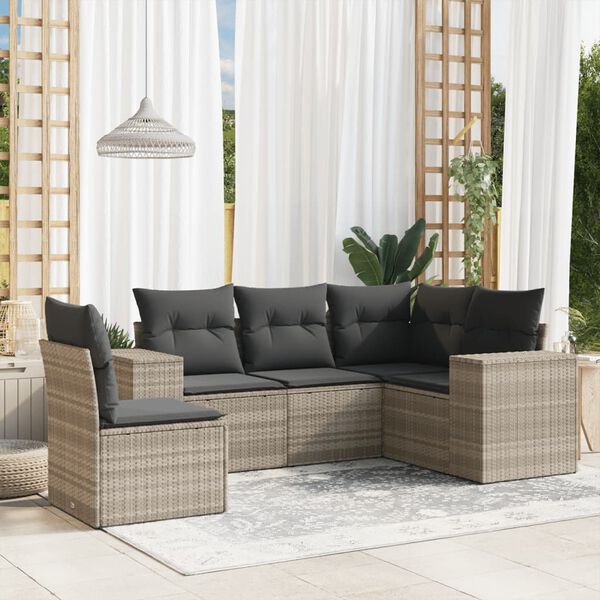 vidaXL Salon de jardin 5 pcs avec coussins gris clair r&eacute;sine tress&eacute;e