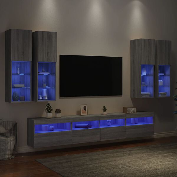 vidaXL Ensemble de meubles TV muraux 7 pcs et lumi&egrave;res LED sonoma gris