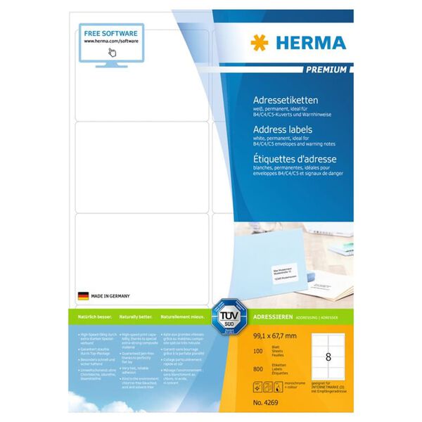 HERMA &Eacute;tiquettes d'adresse permanentes A4 99,1x67,7 mm 100 feuilles