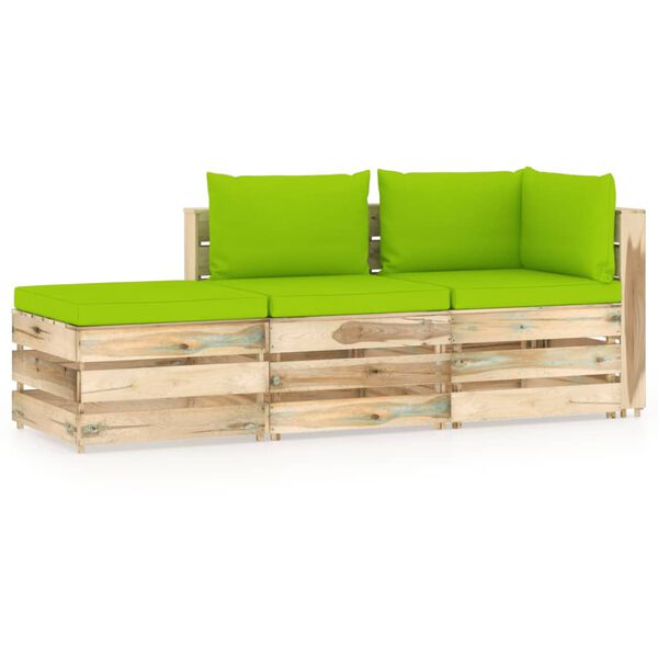 vidaXL Salon de jardin 3 pcs avec coussins Bois impr&eacute;gn&eacute; de vert