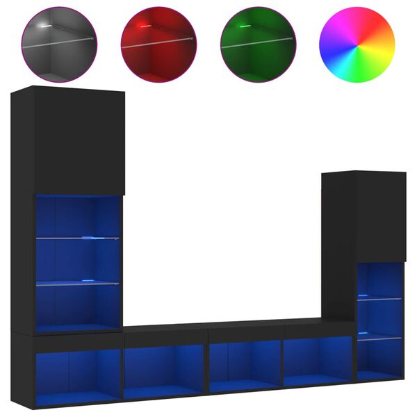 vidaXL Unit&eacute;s murales TV avec LED 4 pcs noir bois d'ing&eacute;nierie