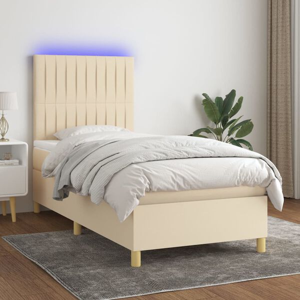 vidaXL Sommier &agrave; lattes de lit et matelas et LED Cr&egrave;me 90x200 cm Tissu