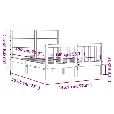 vidaXL Cadre de lit avec tête de lit noir 140x190 cm bois massif