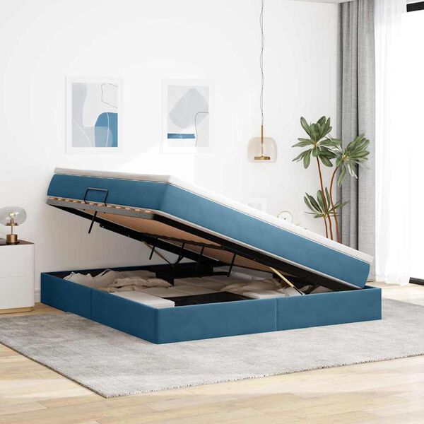 vidaXL Lit avec rangement et matelas Bleu fonc&eacute; 160 x 200 cm Velours