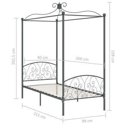 vidaXL Cadre de lit à baldaquin sans matelas gris métal 90x200 cm