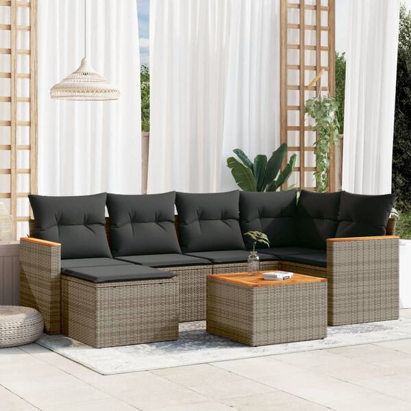 vidaXL Salon de jardin avec coussins 7 pcs gris r&eacute;sine tress&eacute;e