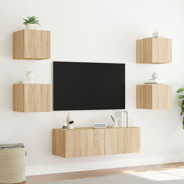 vidaXL Meuble TV muraux 5 pcs avec lumi&egrave;res LED ch&ecirc;ne sonoma