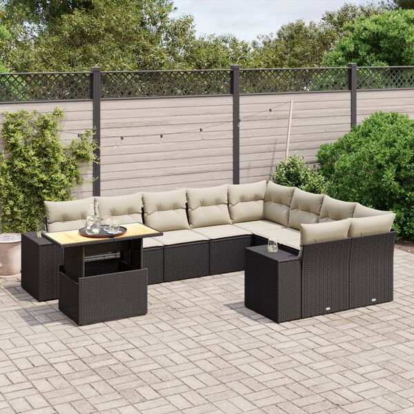 vidaXL Salon de jardin 10 pcs avec coussins noir r&eacute;sine tress&eacute;e