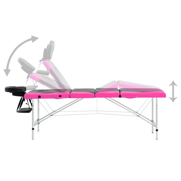 vidaXL Table de massage pliable 4 zones Aluminium Noir et rose