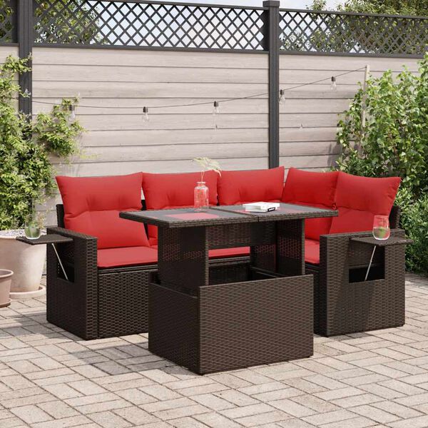 vidaXL Salon de jardin 5 pcs avec coussins marron r&eacute;sine tress&eacute;e acacia