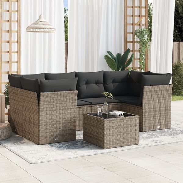 vidaXL Salon de jardin avec coussins 7 pcs gris r&eacute;sine tress&eacute;e