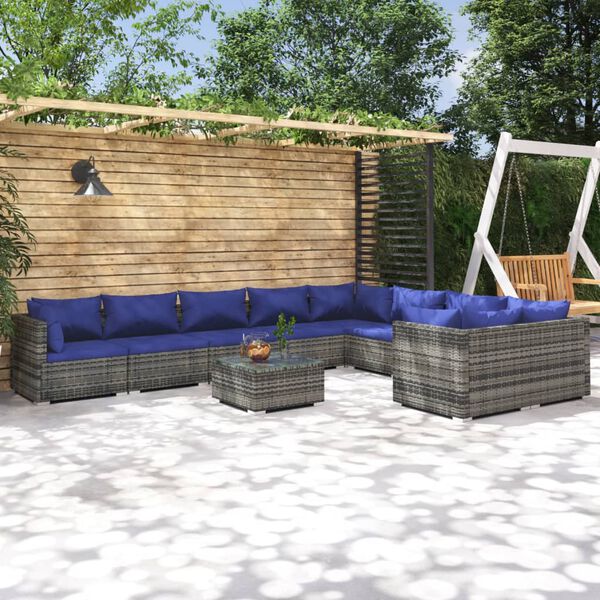 vidaXL Salon de jardin 10 pcs avec coussins R&eacute;sine tress&eacute;e Gris