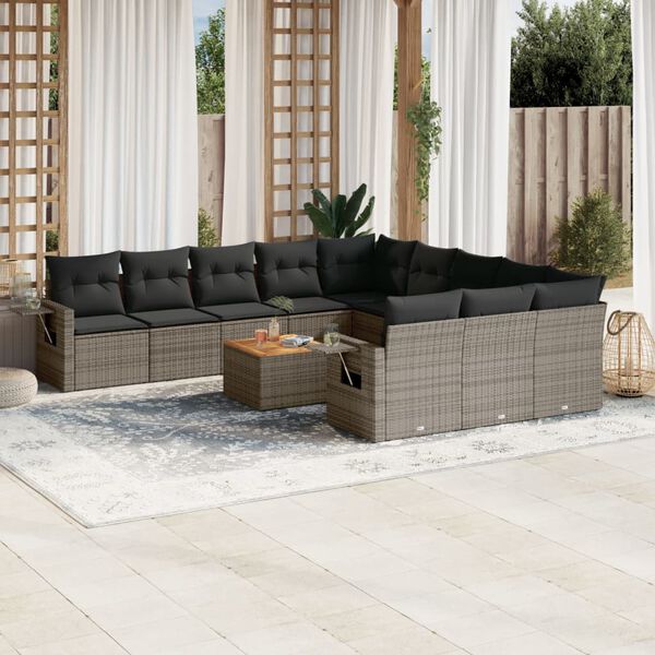 vidaXL Salon de jardin avec coussins 12 pcs gris r&eacute;sine tress&eacute;e