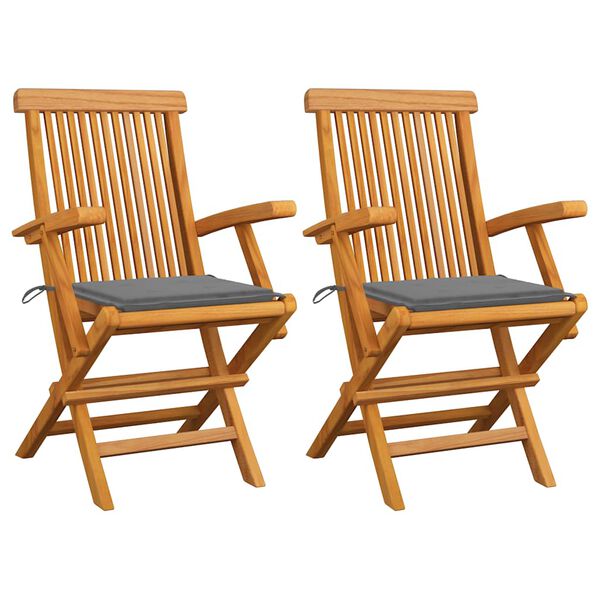 vidaXL Chaises de jardin avec coussins gris lot de 2 Bois teck massif