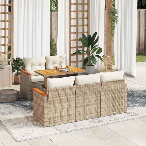 vidaXL Salon de jardin 6 pcs avec coussins beige résine tressée acacia