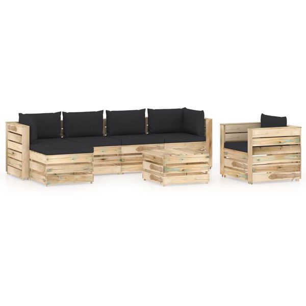 vidaXL Salon de jardin 7 pcs avec coussins Bois impr&eacute;gn&eacute; de vert