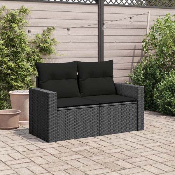 vidaXL Canap&eacute; de jardin avec coussins 2 places en polyrotin noir