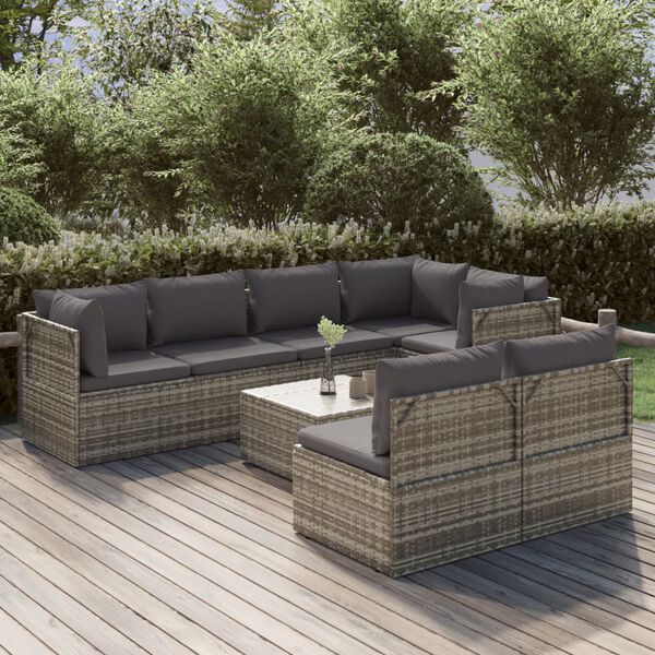 vidaXL Salon de jardin 8 pcs avec coussins Gris R&eacute;sine tress&eacute;e