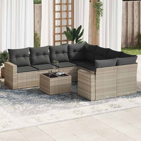 vidaXL Salon de jardin 9 pcs avec coussins gris clair r&eacute;sine tress&eacute;e