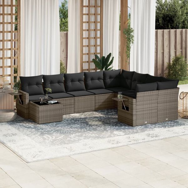 vidaXL Salon de jardin avec coussins 10 pcs gris r&eacute;sine tress&eacute;e