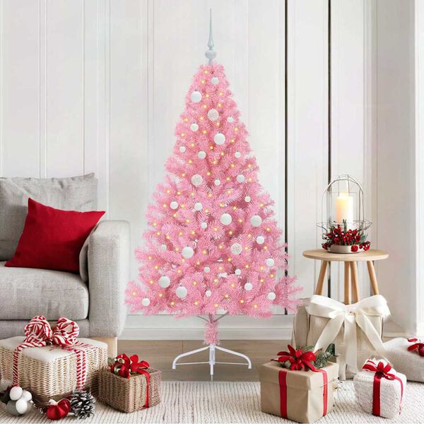 vidaXL Sapin de No&euml;l artificiel pr&eacute;-&eacute;clair&eacute; Rose 150 cm PVC