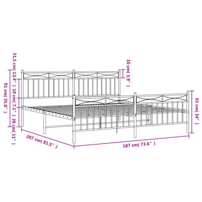 vidaXL Cadre de lit métal sans matelas et pied de lit blanc 180x200 cm