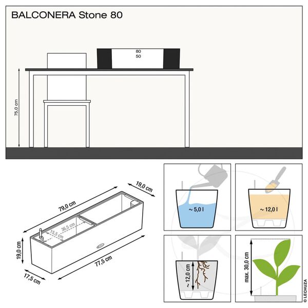 LECHUZA Jardini&egrave;re BALCONERA Stone 80 ALL-IN-ONE Blanc quartz