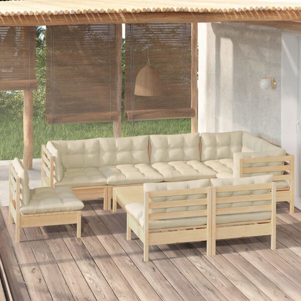vidaXL Salon de jardin 9 pcs avec coussins cr&egrave;me bois de pin massif