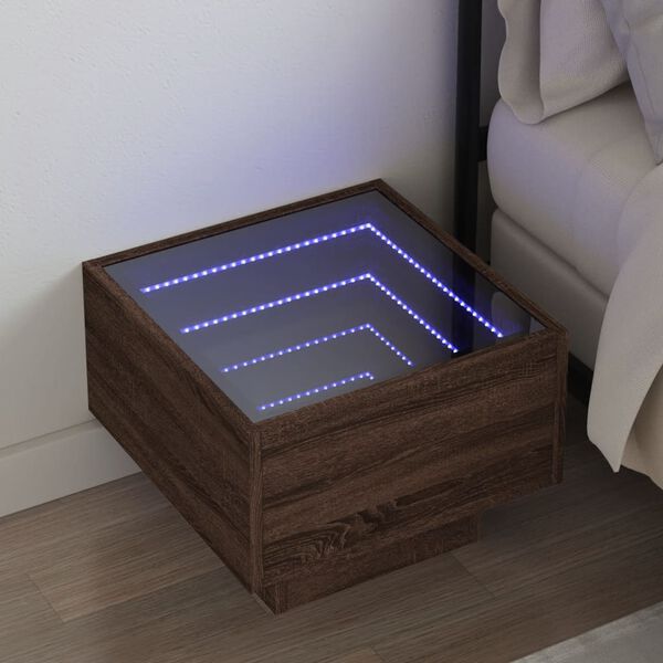 vidaXL Table de chevet avec LED infini ch&ecirc;ne marron 40x40x30 cm