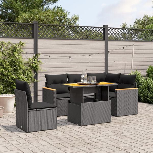 vidaXL Salon de jardin 6 pcs avec coussins noir r&eacute;sine tress&eacute;e