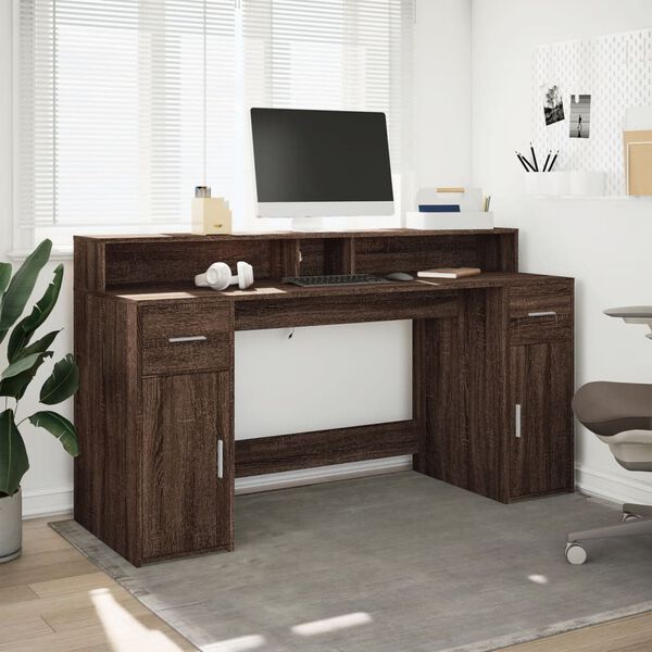 vidaXL Bureau et lumi&egrave;res LED ch&ecirc;ne marron bois d'ing&eacute;nierie