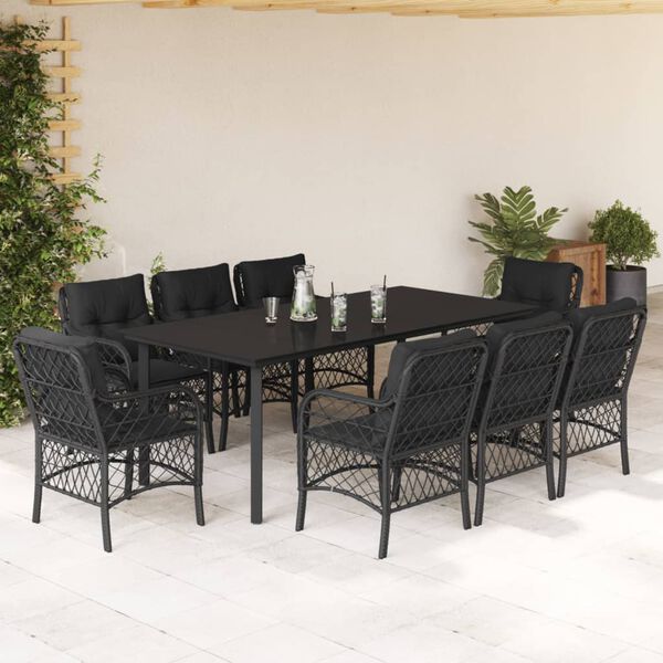 vidaXL Ensemble &agrave; manger de jardin 9pcs coussins noir r&eacute;sine tress&eacute;e
